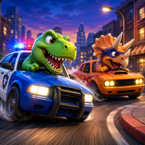 A T-rex in a police car chasing a triceratops in a muscle car through a night-time city