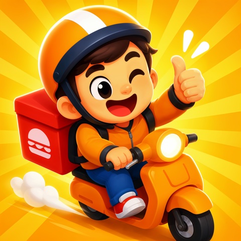 A grinning delivery rider on an orange scooter, food box on the back, thumbs up
