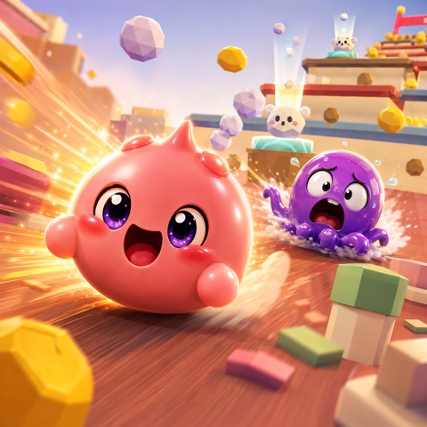 A pink squishy racing across rooftops, a purple octopus rival close behind